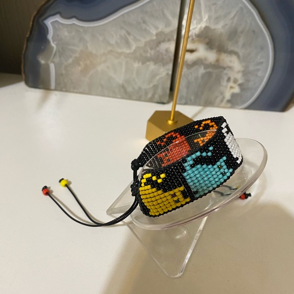 Handmade Beaded cat Cuff Bracelet — Black, Turquoise, White, Yellow, Orange - Picture 2 of 3